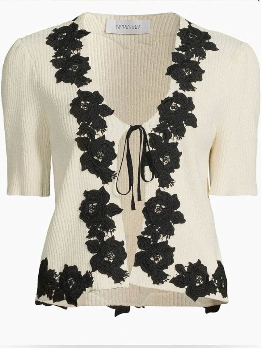 Derek Lam 10 Crosby Maes Lace Trim Ribbed Cardigan - Picture 2 of 8